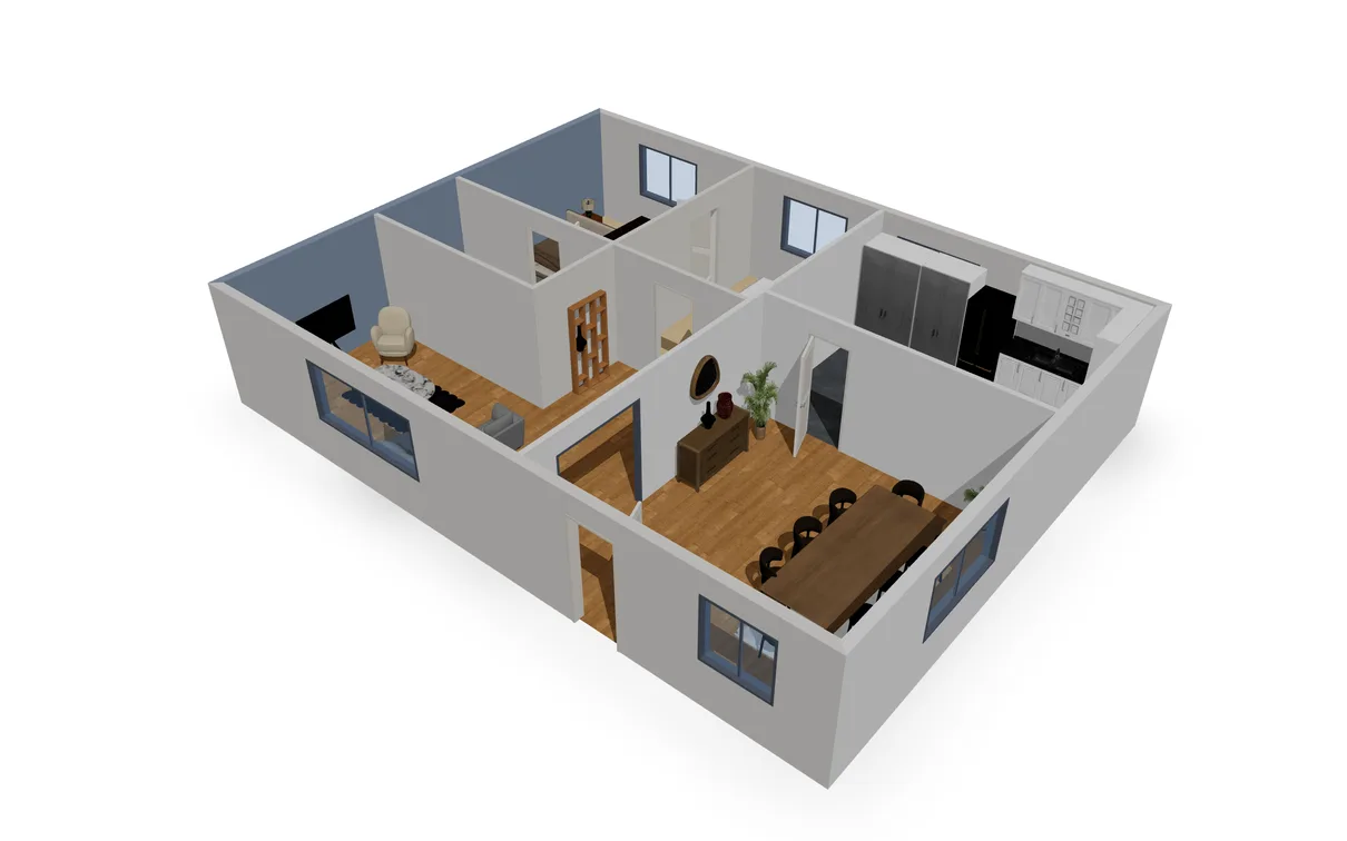 Plan 3D d’un appartement aménagé, dessiné avec Homicrea